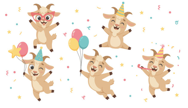 Cute baby goat birthday party set with balloons confetti and party hats cartoon vector illustration isolated on white background