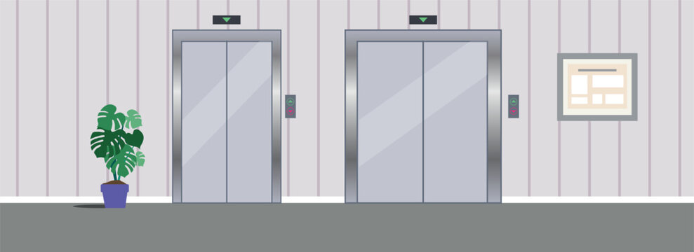 Modern Elevator lobby interior with two closed lift doors, call buttons. Minimal office or apartment building hallway with wall, potted plant, notice board in flat vector style.

