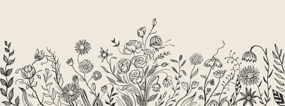 Grunge minimal charcoal or chalk spring summer flower collection. Vector illustration of ink hand drawn wild herbs set. Wax crayon drawing style. Floral silhouette elements for scrapbooking design.