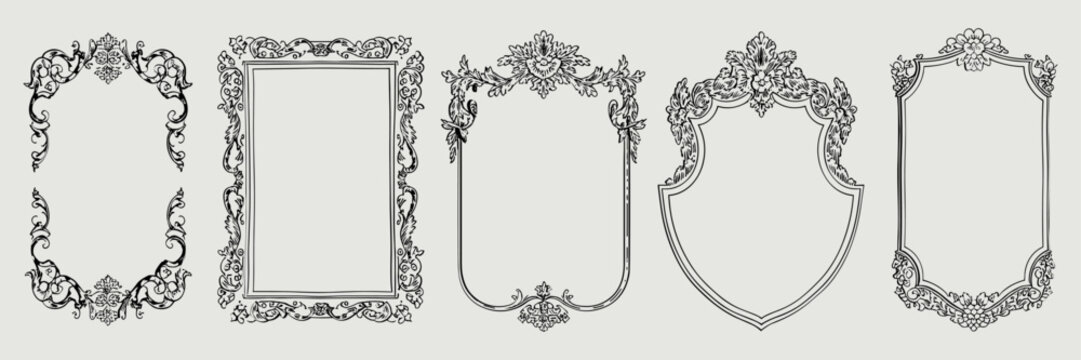 Whimsical baroque or rococo frames and renaissance borders. Vertical shapes with vintage victorian elegance decorated with whimsy lines and squiggles perfect for wedding invitation cards, scrapbooking