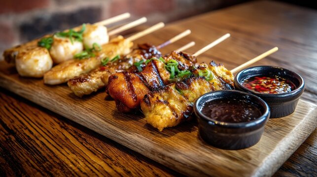 Exquisite grilled skewers with sauce on a rustic wooden board showcasing a variety of meats and flavors in an inviting dining setting