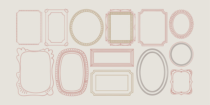 Doodle frames set, hand drawn geometric colorful border collection. Minimal hand drawn square arch and rectangle shapes kit. Elegant retro empty banner, poster, placard decor. Doodle frame emblem.