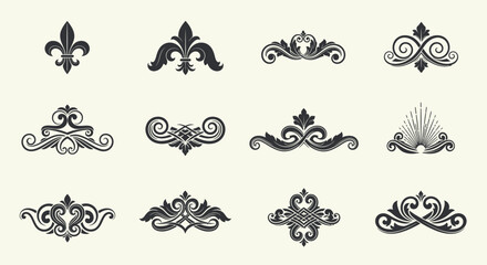 Collection of 12 elegant black decorative elements on cream background fleur de lis and swirling patterns © Shovon