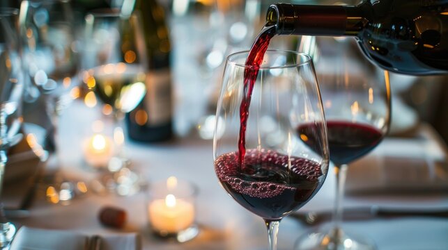 Red wine being poured into an elegant, stemmed glass on a fine dining table, illuminated by the soft, warm glow of candlelight that highlights the rich, deep burgundy liquid and creates a sophisticate