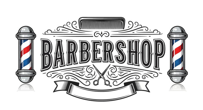 Vintage Barbershop Emblem with Classic Barber Poles and Ornate Details.