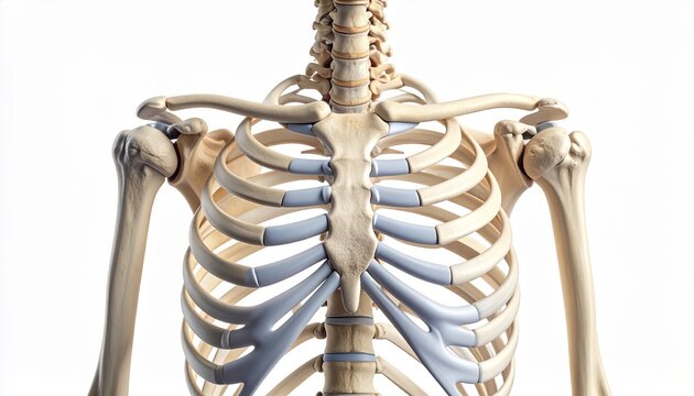 Detailed 3D render of human rib cage and upper skeletal anatomy showing bones and cartilage