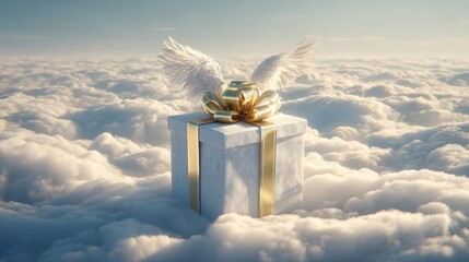 Naklejka premium The Gift Box with Golden Ribbon and Angel Wings Floating Above Soft Clouds