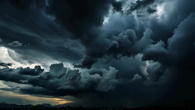 Dark lightning clouds unleash rain and electric displays over a landscape on a stormy day in the late afternoon