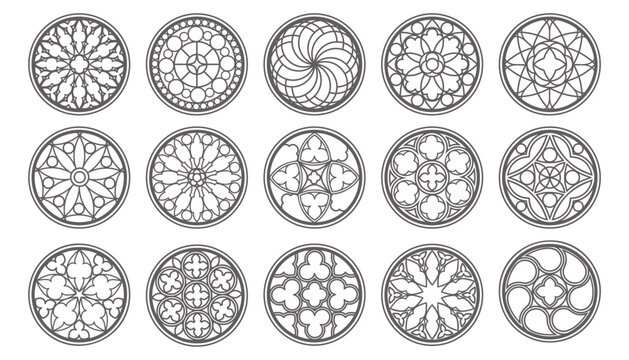 Gothic stained glass window with ornate circular pattern and floral rosette design for church architecture projects and vintage decorative elements. Vector illustration