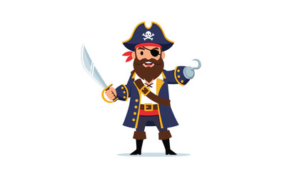 Obraz premium Brave animated buccaneer mascot, wearing a classic pirate hat, holding a cutlass and sporting a hook, for fun children's themes.