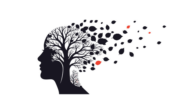 Abstract vector graphic symbolizing the ephemeral nature of memory or mind, with a tree within a female head and scattering red and black leaves.