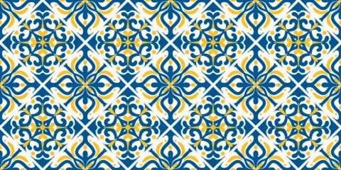 Fototapete Portugal Keramikfliesen Mediterranean ceramic tile seamless pattern with blue and yellow ornament. Floral design on Portuguese mosaic. Geometric vector azulejo design. Traditional Italian Amalfi  © Chorna_L