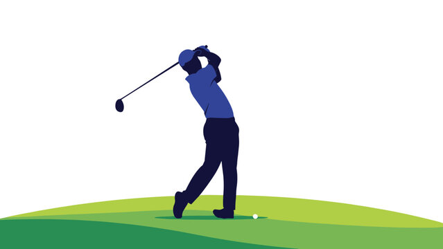 Dynamic silhouette of a male golfer mid-swing on a golf course, illustrating the sport's precision, skill, and outdoor recreation.