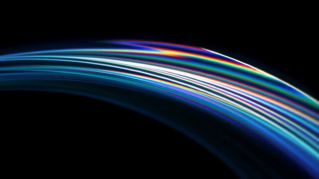 Abstract animation background refraction effect render shape blue soft flowing luminous ribbons curve across dark background graceful motion subtle glow flowing luminous arc of light bends across