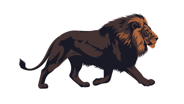 Majestic lion walking gracefully in profile, showcasing its powerful form and impressive mane, symbolizing strength, nobility, and leadership.