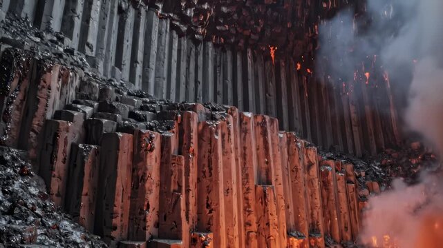 Fiery Lava Flows Through Hexagonal Basalt Columns