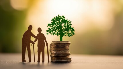 The elderly couple beside a growing money tree symbolizing retirement savings and financial security