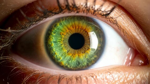 Detailed macro photography of a colorful human eye with striking green iris texture and long dark eyelashes
