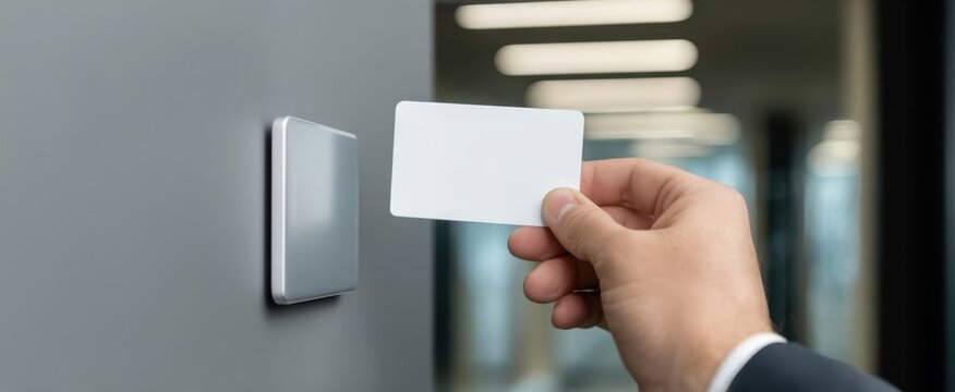 The access card held to a sleek electronic door reader in modern office corridor