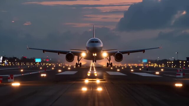 Illuminated runway guides airplane during evening descent at airport location with cone-shaped lights highlighting the path for landing aircraft