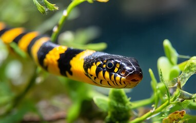 Obraz premium Striking Yellow Venomous Sea Snake Among Green Aquatic Plants