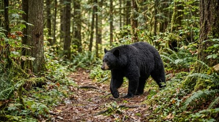Fototapeta premium Black Bear Walking Through Lush Forest Trail Surrounded by Green Vegetation and Trees