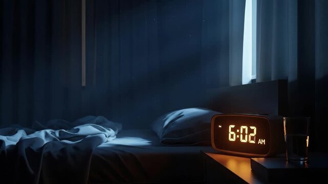 Bedside alarm clock illuminated at 6 am in a darkened room with soft lighting