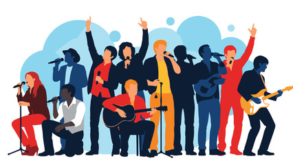 Obraz premium Dynamic group of diverse musicians and singers performing together on stage, celebrating music and live entertainment.