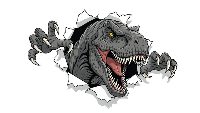 Ferocious Tyrannosaurus Rex bursting through a torn hole in a wall, baring its sharp teeth and claws, symbolizing power and danger.