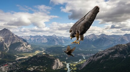 Fototapeta premium Majestic Falcon in Motion Above Scenic Mountain Landscape with Dramatic Clouds