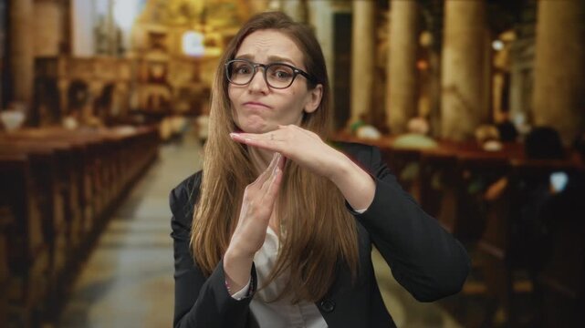 Woman standing in a church building holds hands in timeout gesture with closed eyes and furrowed brow; impatience.