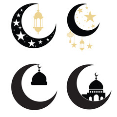 A set of four iconic black and white Islamic ,set of illustrations of the moon and the mosque of the Islamic religion,Ramadan 2026 Crescent Moon Lantern Mosque Vector,Create festive greetings. © Minakshi
