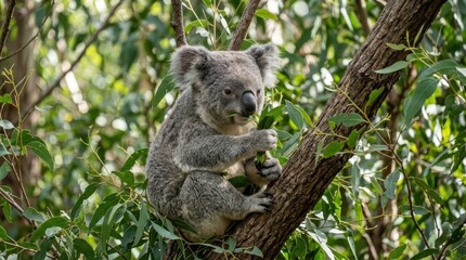 Adorable koala sitting on tree branch surrounded by lush green eucalyptus leaves in nature