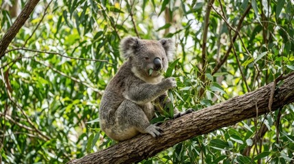 Delightful Koala Sitting on Tree Branch and Eating Leaves in Natural Habitat
