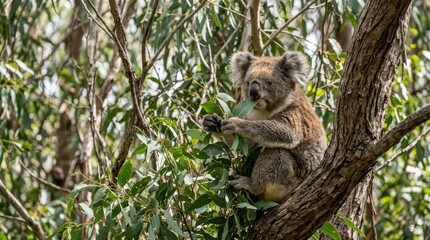 Fototapeta premium Adorable Koala Sitting on a Tree Branch Enjoying Fresh Eucalyptus Leaves in Natural Habitat