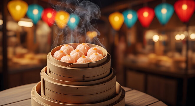 Steamed dumplings in bamboo steamer basket.