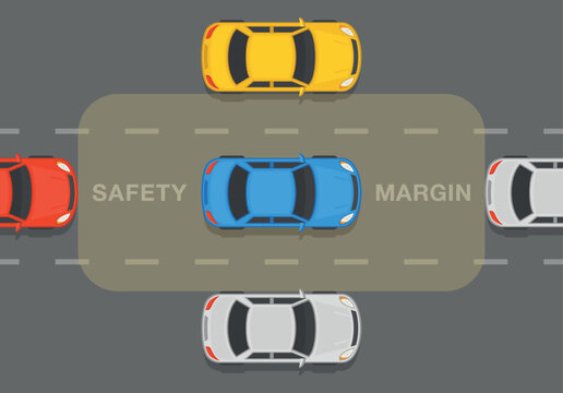 Safe driving tips and traffic regulation rules. Keep a safe distance on roads. Safety margin is the space ahead, behind and to the sides of your vehicle. Flat vector illustration template.