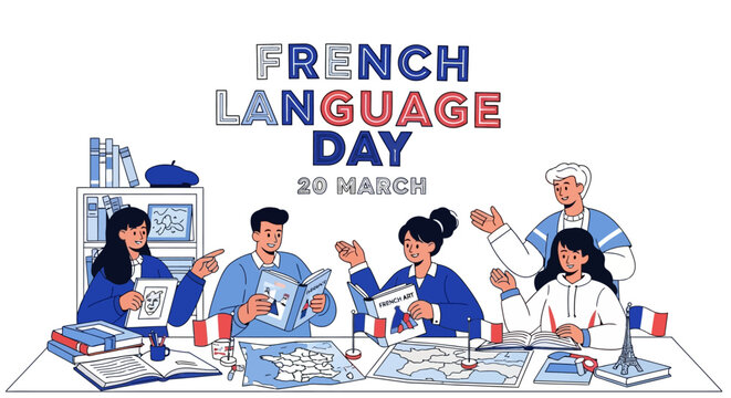 Illustration of diverse people celebrating French Language Day with books and flags on a table in a colorful design.