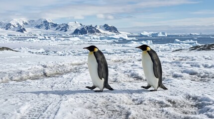 Obraz premium Two Emperor Penguins Walking Across Snowy Landscape Near Icebergs and Mountains in Antarctica