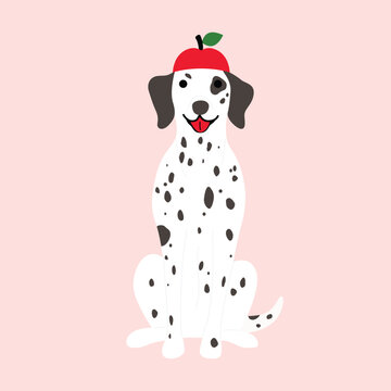 A cute Dalmatian wear red apple hat illustration