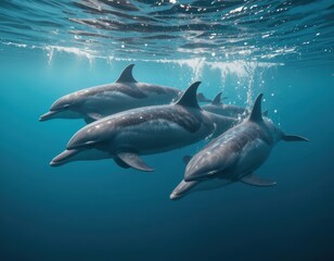 Fototapeta premium Playful Dolphins Swimming Together Underwater in Clear Blue Ocean Waters