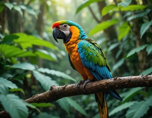 Obraz premium Vibrant Macaw Perched on Branch in Lush Tropical Jungle Surrounded by Green Leaves