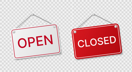 Open and closed signboard with hanging rope isolated on transparent background, business door sign for shop, store, cafe, restaurant, retail service status notification design. Vector illustration © elena_garder
