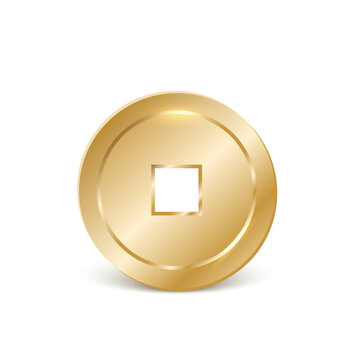 Shiny glowing realistic golden Chinese money coin isolated on white background, oriental currency symbol representing wealth, fortune, prosperity, luck, and treasure, decorative pattern element for
