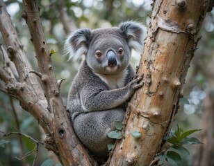 Fototapeta premium Adorable koala perched on a tree branch in natural habitat, showcasing its endearing features