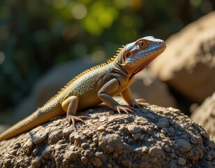 Obraz premium Colorful lizard basking on a rock in natural habitat with blurred greenery in background