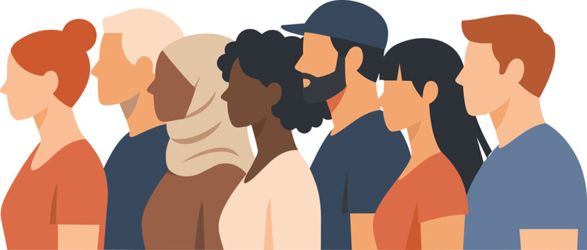 Flat vector illustration of diverse people in side profile representing multicultural society, inclusion, and diversity.