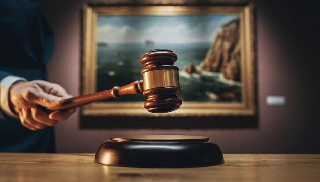 Gavel held by person in front of painting in auction house during evening event