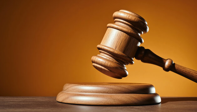 Judge's gavel rests on wooden block as sunlight highlights its features in a courtroom setting