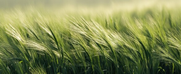 Fototapeta premium The Green Barley Field Swaying Gently in Morning Light with Shallow Depth of Field